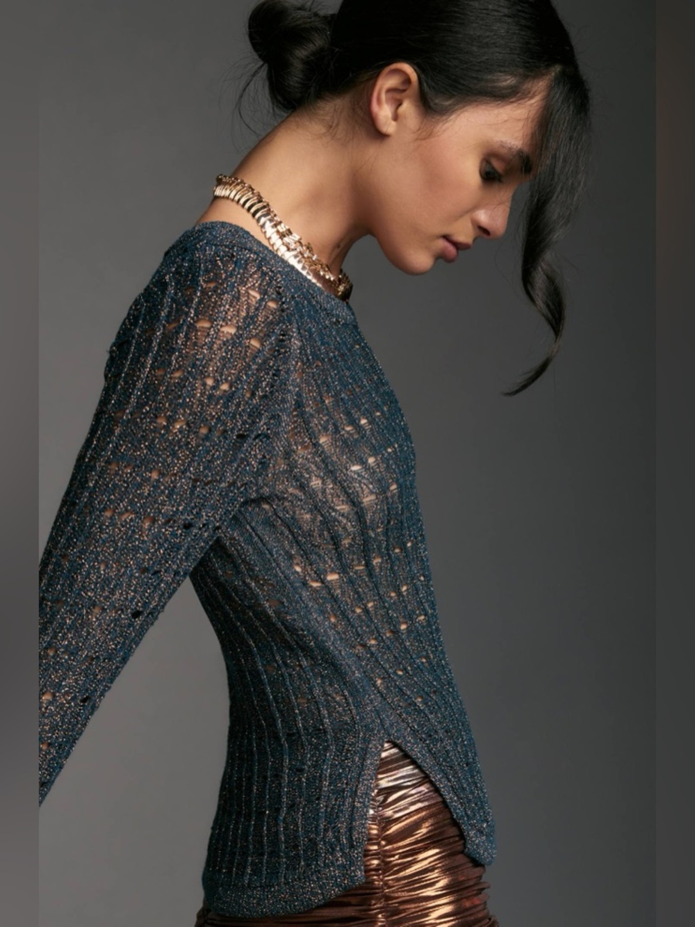 Anthropologie Pilcro Teal Open-Stitch Long Sleeve Top Metallic Shimmer Luxe Chic